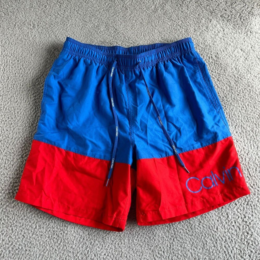 NEW Calvin Klein Swim Trunks Mens Medium Red Blue Board Shorts Beach Preppy Surf
